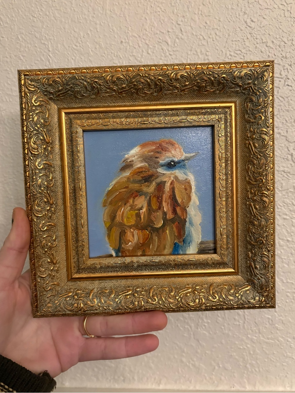 "The early bird" Original oil painting on wood board mini framed 4x4" - Picture 2 of 4